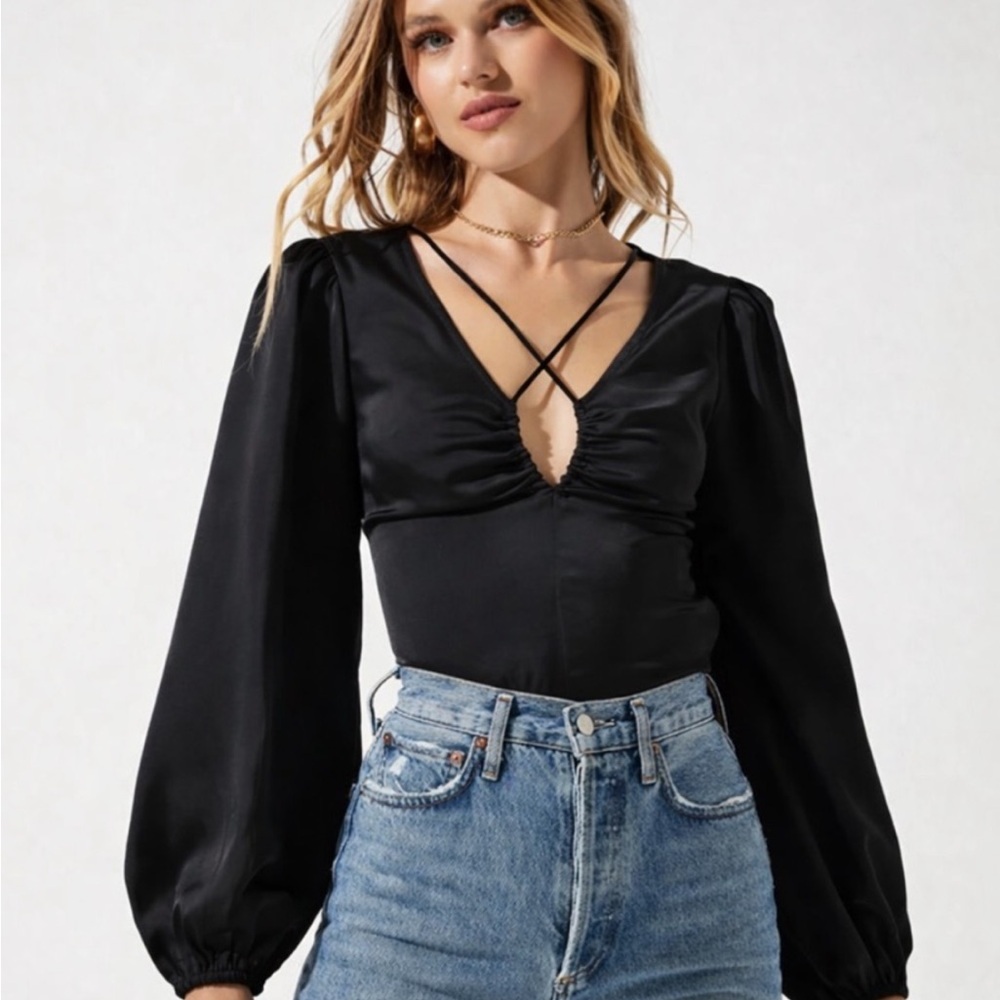 ASTR the Label Black Satin Key Hole Long Sleeve Top with Crisscross Straps